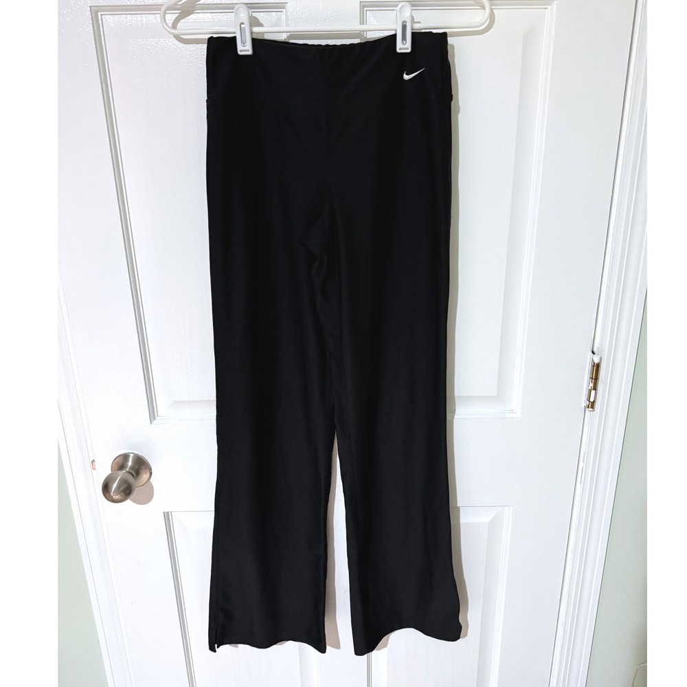 Nike FitDry Black Wide Leg Athletic Pants Women XS Side Slit Swoosh Logo